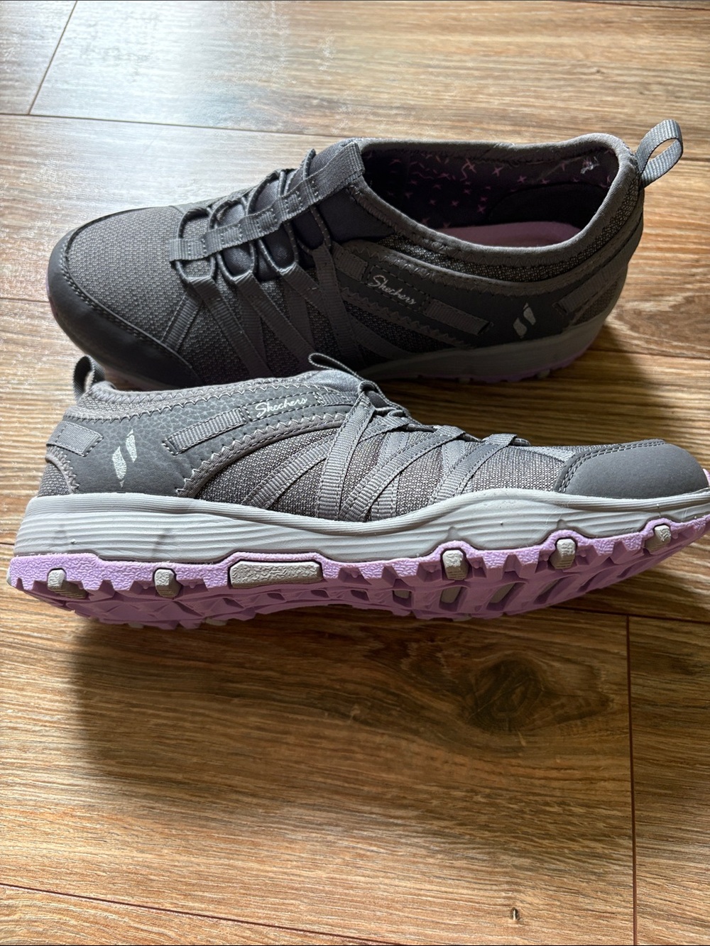Skechers Women's Gray Athletic Slip-On Shoes with Purple Outsole